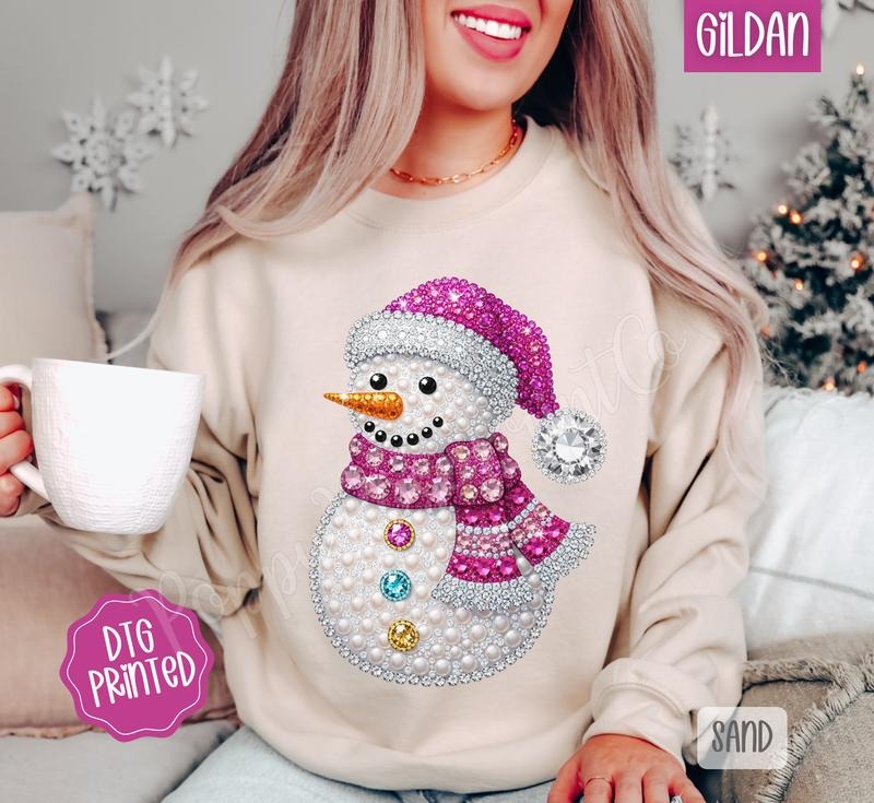 Faux Rhinestone Snowman Sweatshirt, Trendy Women's Holiday Crewneck T-Shirts, Hoodie | PodTeesHub.com
