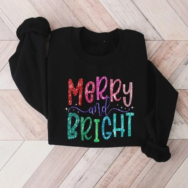 Faux retro Merry and Bright sweatshirt, festive Merry Christmas shirt, perfect holiday gift for women, cozy family...