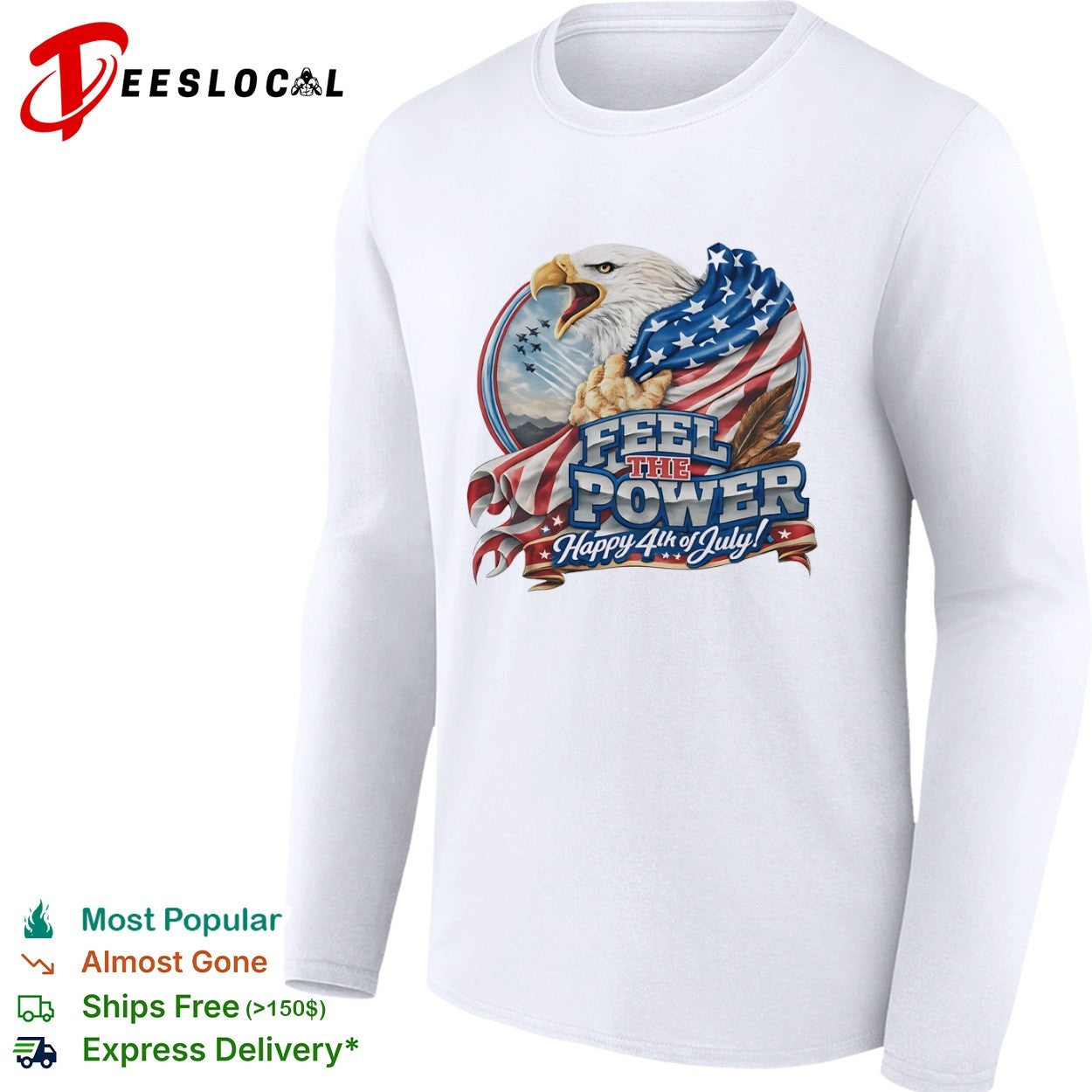 Feel the Power Happy 4th of July American Bald Eagle Patriotic Military Jet shirt