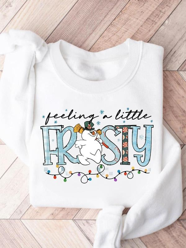 "Feeling A Little Frosty" Christmas Graphic Sweatshirt | White Oversized Pullover with Snowman & Festive Lights Print |...