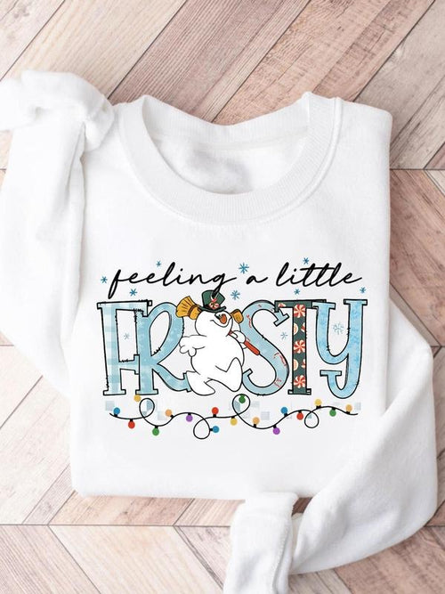 "Feeling A Little Frosty" Christmas Graphic Sweatshirt | White Oversized Pullover with Snowman & Festive Lights Print |...