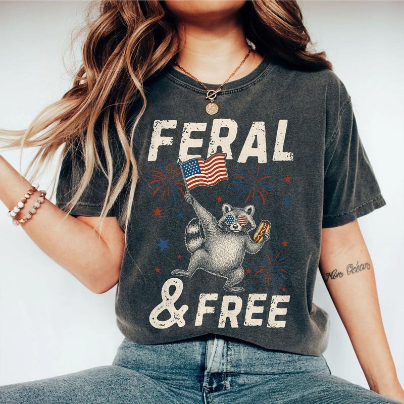 Feral and Free Raccoon Tshirt, Funny Raccoon Shirt, Retro 4th of July Shirt, Independence Day Tee for Women, Girly...