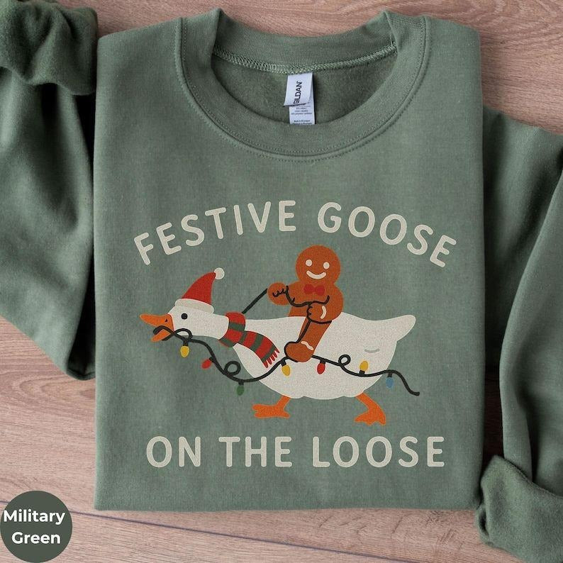 Festive Goose On The Loose Funny Christmas T-Shirt, Gingerbread Holiday sweatshirt Hoodie | PodTeesHub.com