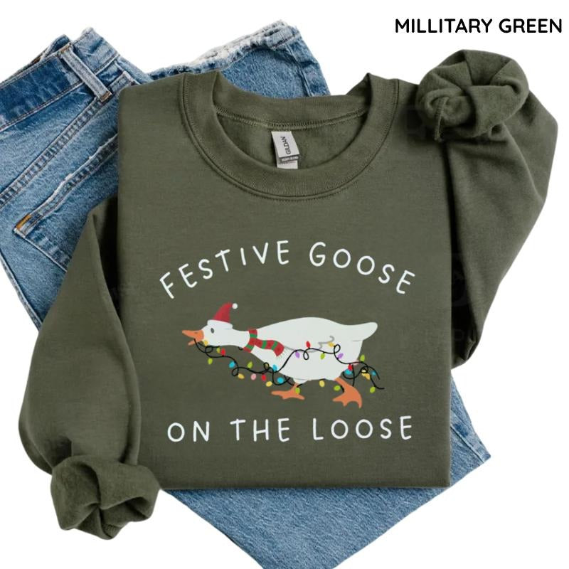 Festive Goose on the Loose Christmas Shirt, Funny Goose Sweatshirt, Xmas Holiday Shirt, Silly Goose Gift for Her, Cute...