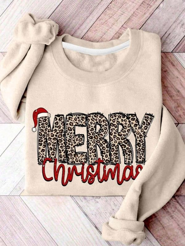 Festive Leopard Print Sweatshirt for Women and Men, Cozy Christmas Top with Red Lettering, Perfect for Family Gatherings...