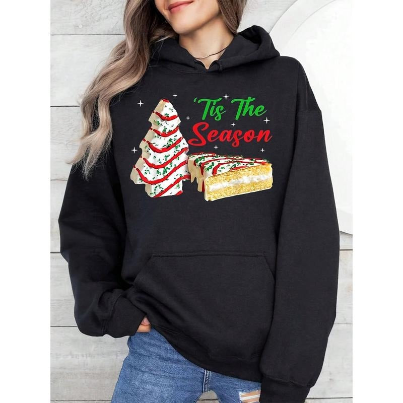 Festive Print Christmas Hoodies - Black Casual Hoodies, Medium Elastic Machine Washable Holiday Apparel For Christmas...