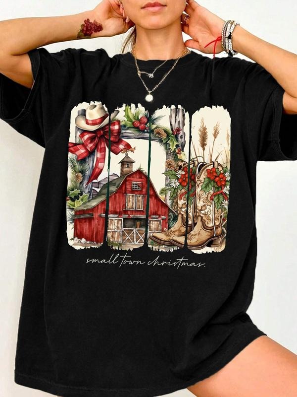 Festive Small Town Christmas T-Shirt for Women, Cozy Seasonal Design with Vintage Typography, Relaxed Fit Cotton Shirt...