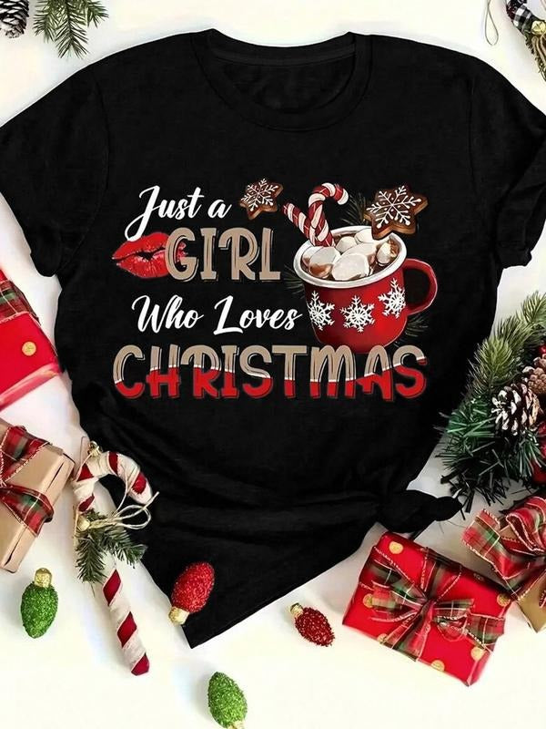 Festive Women's Black T-Shirt Featuring Christmas Slogan and Holiday Treats Design, Cute Casual Wear for Xmas...