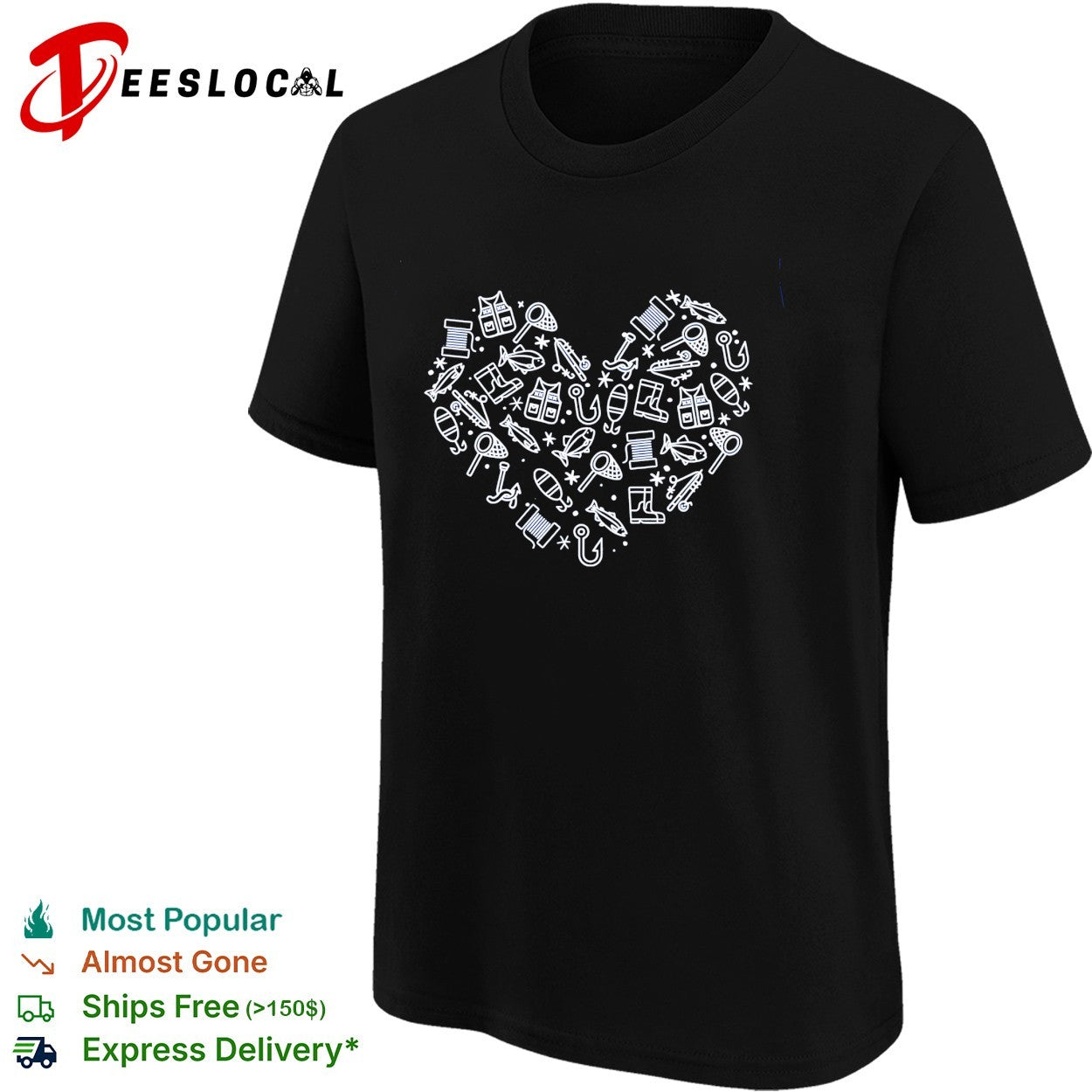 Fishing heart hook fish gear love shirt
