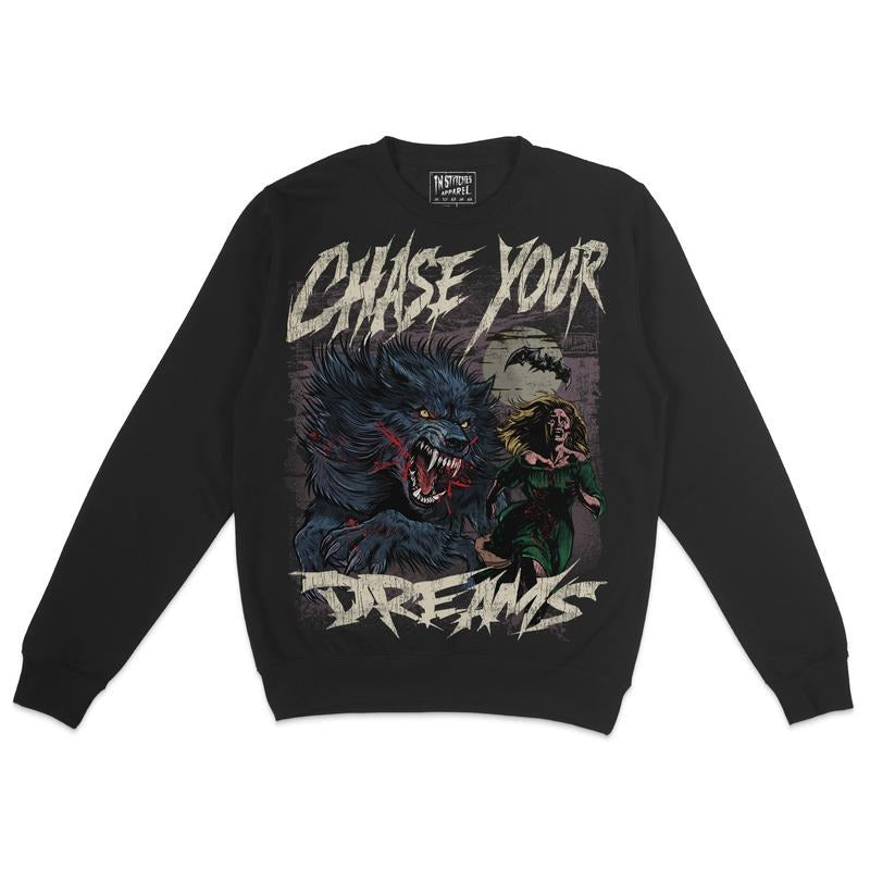 Fleece Crewneck Sweatshirt - Chase Your Dreams, Humor, Dark Comedy, Alt Fashion, Alternative Motivational Gift T-Shirts,...