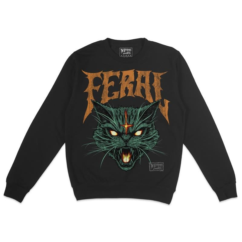Fleece Crewneck Sweatshirt - Feral Cat, Humor, Dark Comedy, Alt Fashion, Alternative Motivational Gift T-Shirts, Hoodie
