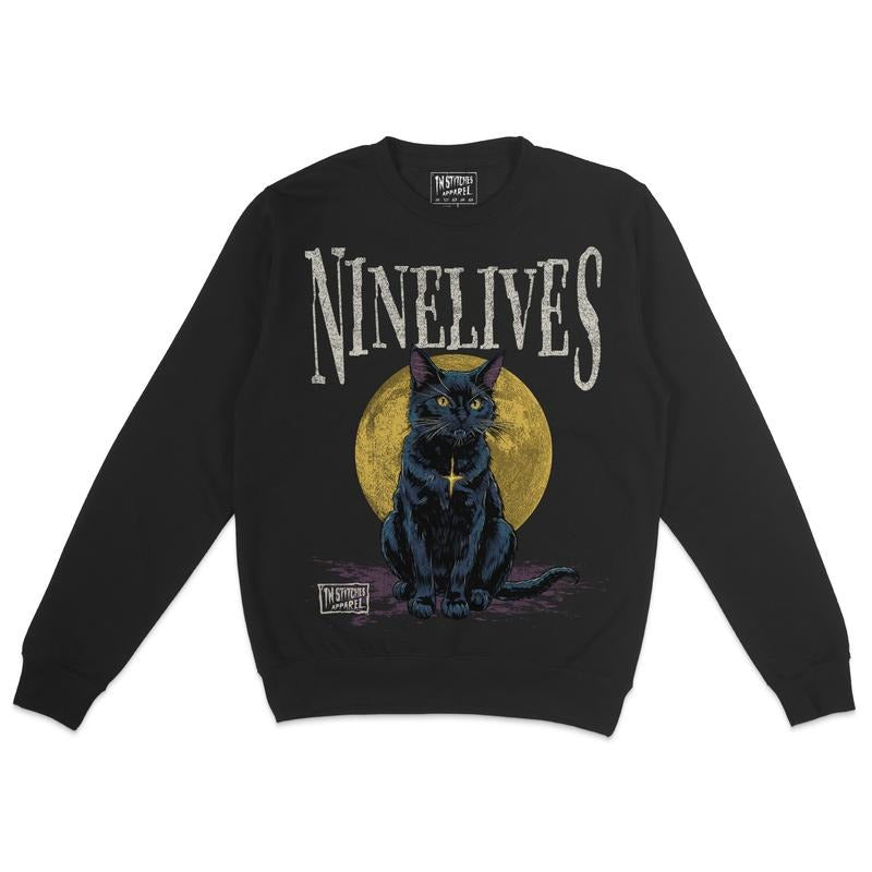 Fleece Crewneck Sweatshirt - Nine Lives, Humor, Dark Comedy, Alt Fashion, Alternative Motivational Gift T-Shirts, Hoodie