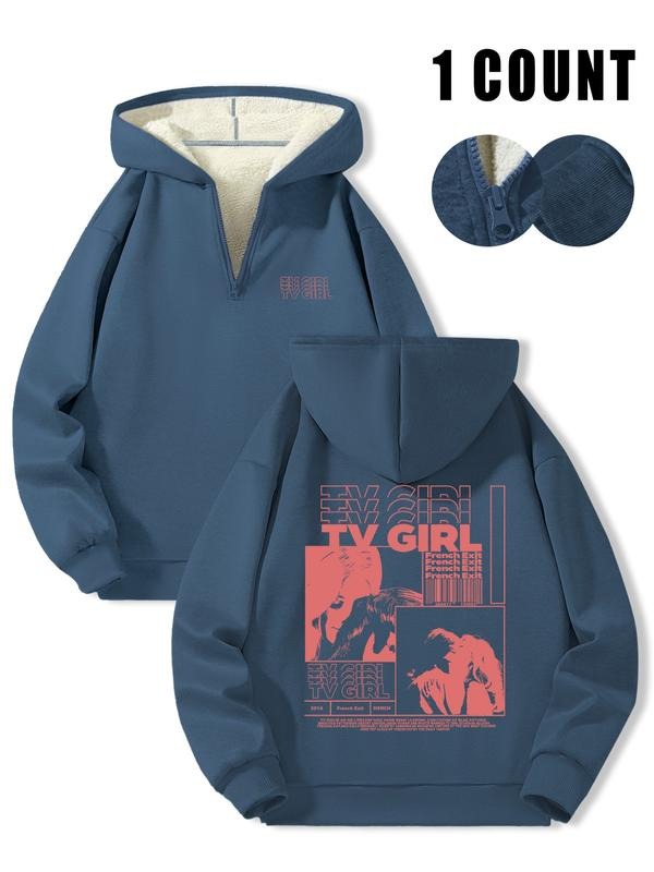 Fleece Lined Hooded Long Sleeve Half Zip Men's Sweatshirt, Casual Winter Wear, Thick Fabric with Border Print for Comfort...