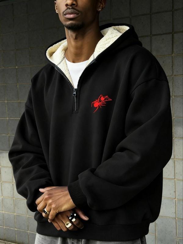 Fleece Lined Hooded Long Sleeve Half Zip Men's Sweatshirt, Casual Winter Wear, Thick Fabric with Border Print for Comfort...