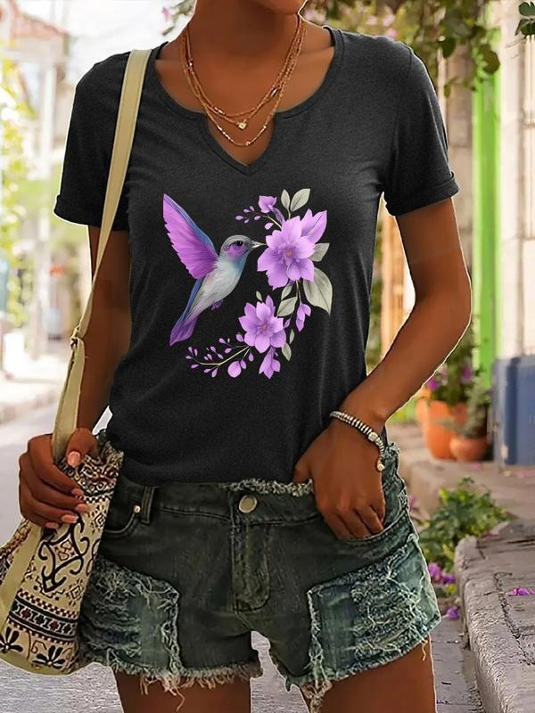 Floral & Hummingbird Print T-Shirt, Casual Girls Summer V Neck Short Sleeve Top, Fitted Trendy Women's Fashion Hoodie,...