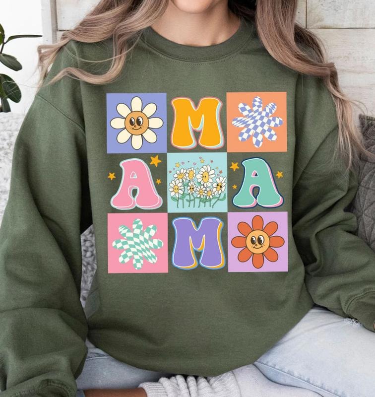 Floral Mama Sweatshirt, Checkered Mama Tee Shirt, Smiley Face Mama Sweater, Groovy Mama T-Shirt, Retro Mommy T-Shirt,...