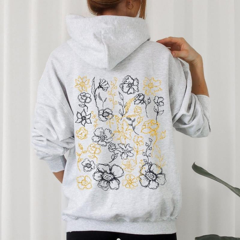 Floral Outlines Pattern, Botanical, Flower Hoodie T-Shirts, Sweatshirt | PodTeesHub.com