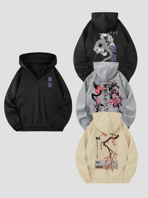 Men's Dragon / Floral Print Zip Up Hoodie, Casual Regular Fit Long Sleeve Hooded Sweatshirt for Fall & Winter, Men's Top...