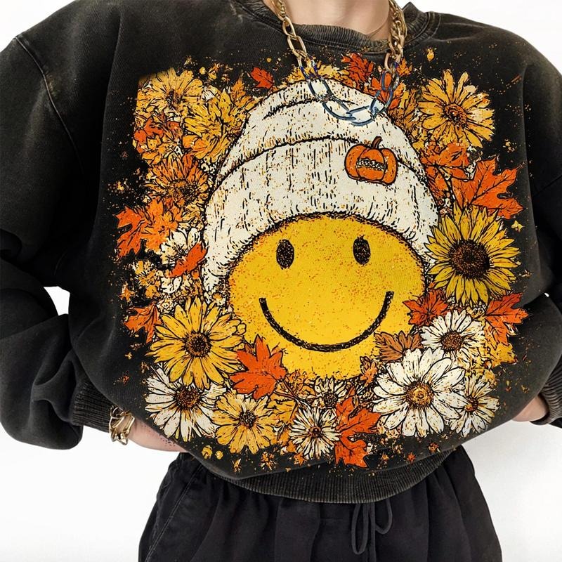 Floral Smiley Face Fall Vibes Sweatshirt, Fall Pumpkin Thanksgiving Tee, Autumn Pumpkins Boho Flowers Thanksgiving Day...