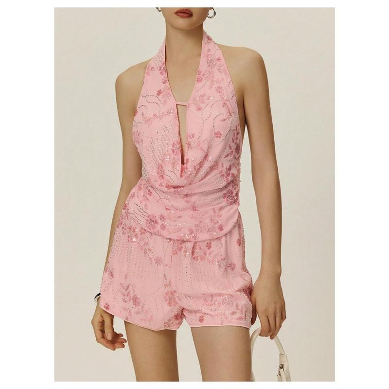 Floral Sparkly Sequin Draped Halter Top Cut Out Backless Sleeveless Top T-Shirts, Hoodie, Sweatshirt | PodTeesHub.com