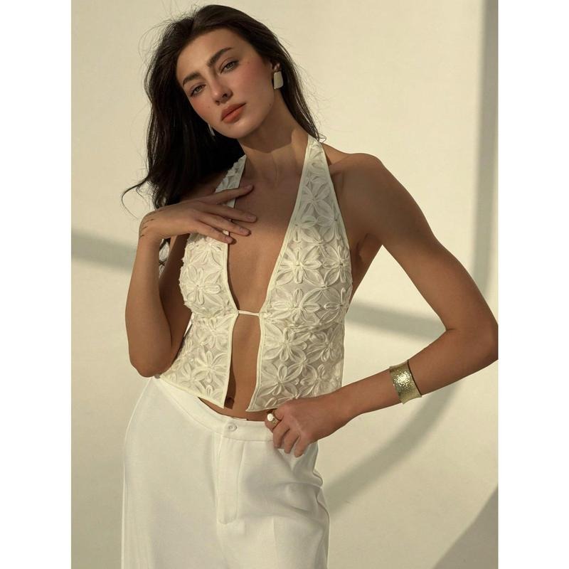 Floral Textured Halter Top Sleeveless Tie Back Elegant Cami Crop Tops T-Shirts, Hoodie, Sweatshirt | PodTeesHub.com