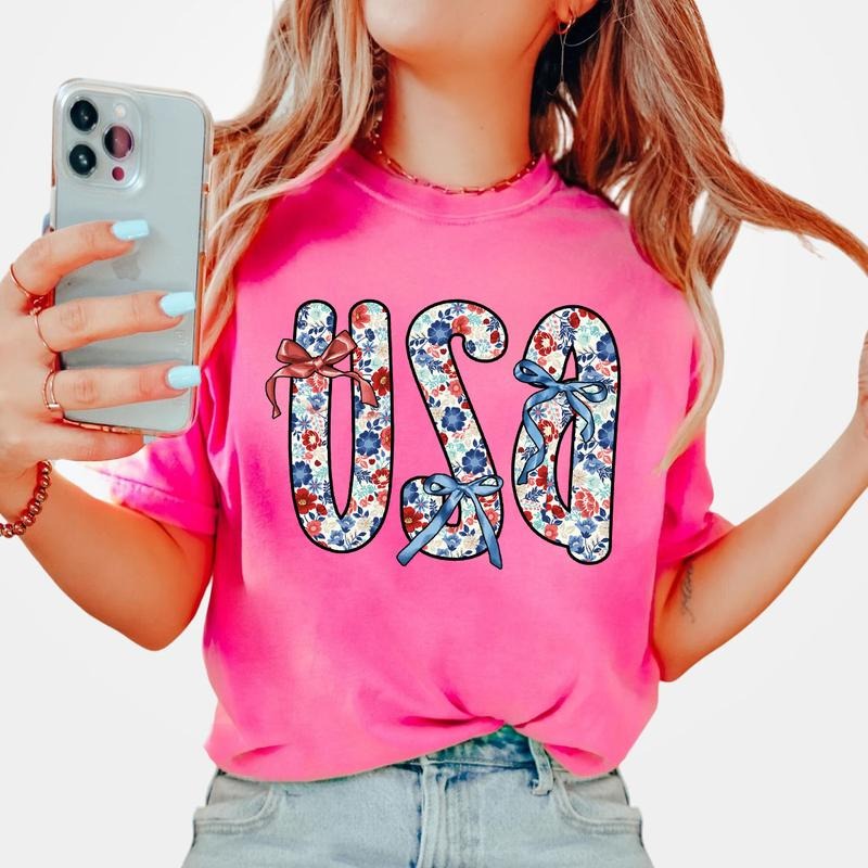 Floral USA T-Shirts, 4th Of July Shirts, American Girl Shirt, USA Shirt, Girly 4th of July, Independence Day Tee,...
