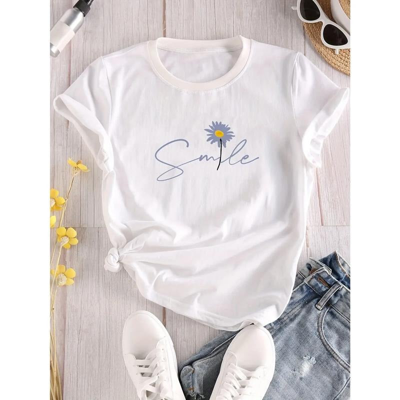Flower & Letter Print Crew Neck T-Shirt Casual Short Sleeve T-Shirt for Summer Women's Clothing Comfortable Soft Creative...