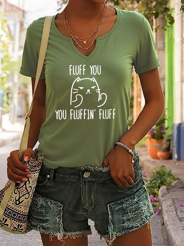 Fluff You You Fluffin' Fluff Cartoon Cat Print T-Shirt, Trendy Women's Short Sleeve V-Neck Summer Top, Casual Fitted...
