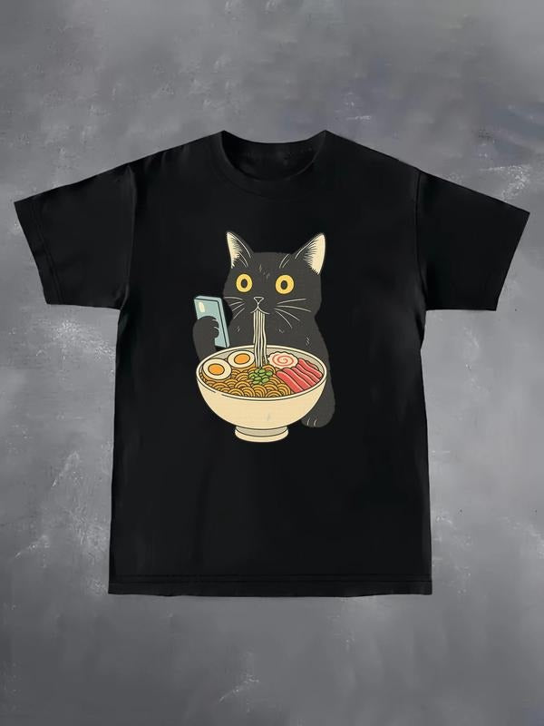 Ramen Cat "Foodie & Phone" Printed T-Shirt | Black and White Oversized Style with Japanese Food & Cat Pattern | European...