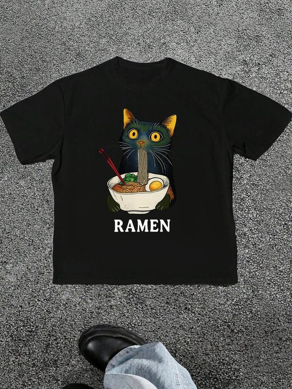Ramen Cat Printed T-Shirt | Black and White Oversized Style with Japanese Food & Cat Pattern | European and American...