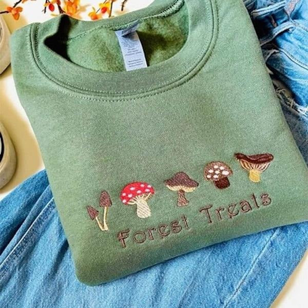 Forest Treats Mushroom Embroidered Sweatshirt, Forest Treats Mushroom Cozy Crewneck, Fall Aesthetic Embroidery Sweater...