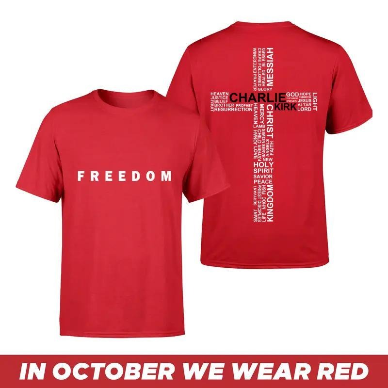 Freedom Charlie In October We Wear Red, Charlie Kirk's Birthday - 14th Oct Kirk Shirt, Top Menswear Cotton Tee Shirt, U...