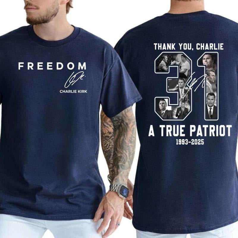 Freedom Charlie Kirk 2 Sided T-shirt, True Patriot Graphic Tee, Rest In Peace Charlie Kirk, Made in USA, for Men & Women ...