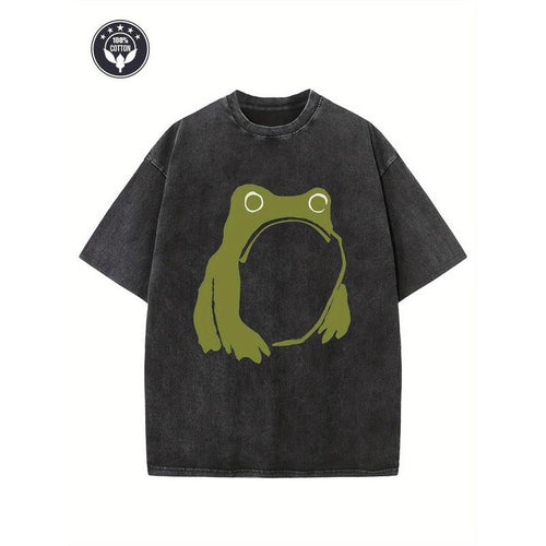 "Frog" Creative Pattern Printing Heavy Cotton Oversize Washed T-shirt Retro Street T-shirt Basic T-shirt Loose Hip Hop...