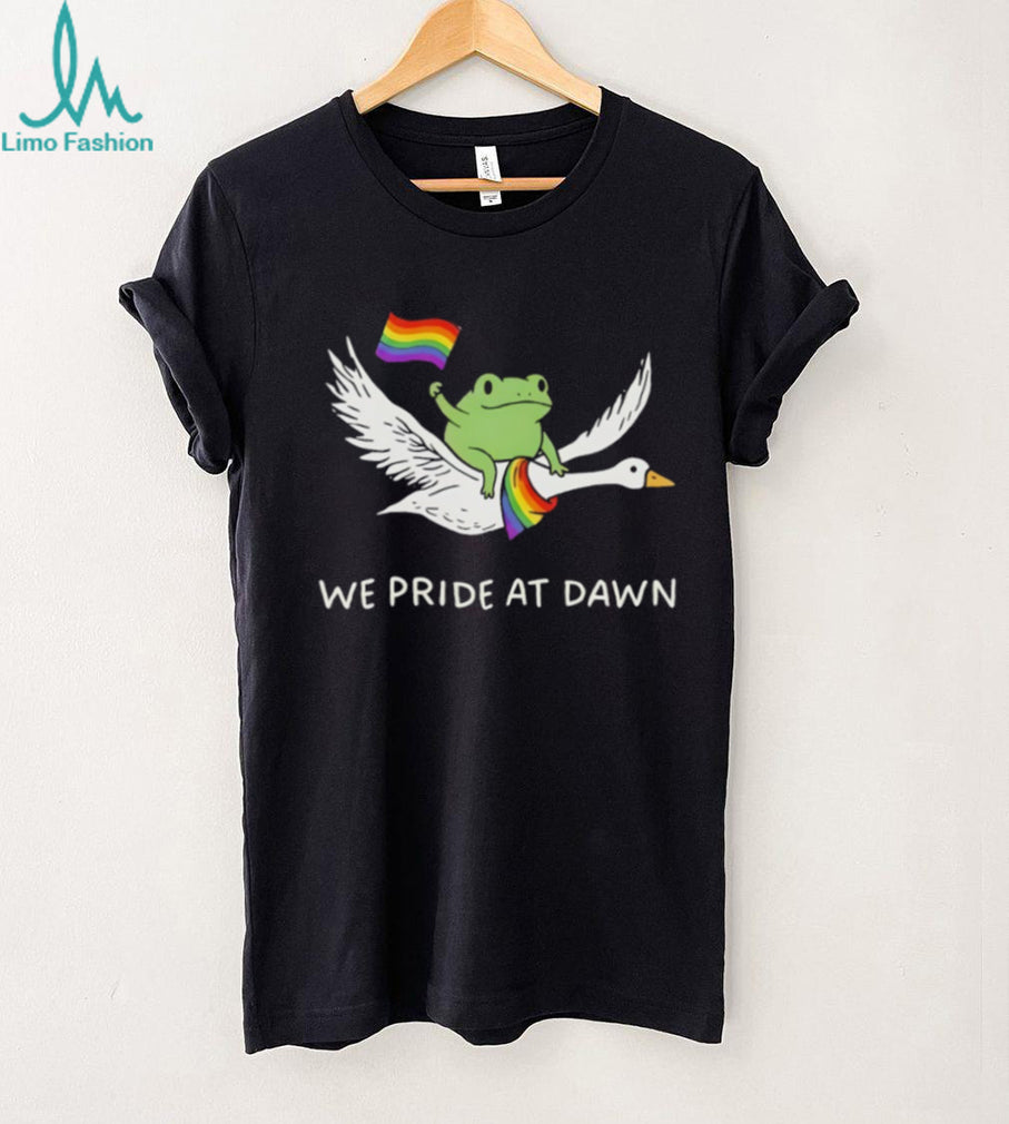 Frog riding goose with rainbow flags featuring we Pride at dawn LGBT shirt