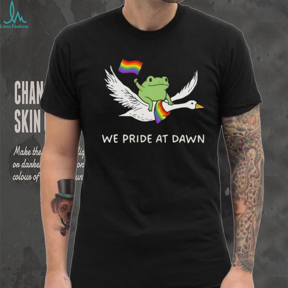 Frog riding goose with rainbow flags featuring we Pride at dawn LGBT shirt