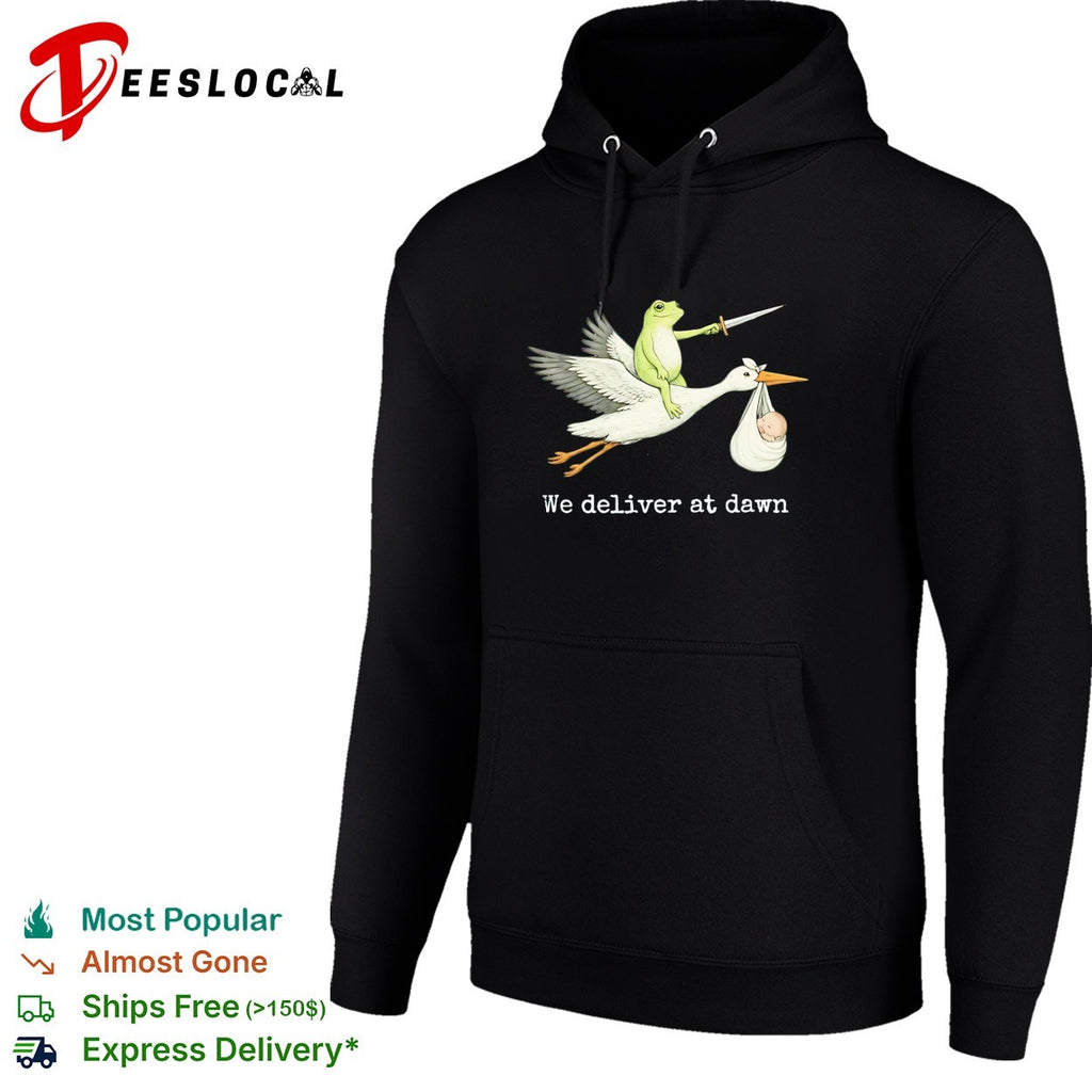 Frog riding stork holding sword we deliver at dawn shirt