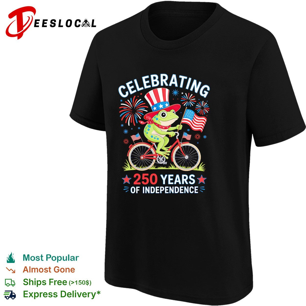 Frog wearing Uncle Sam hat riding bicycle celebrating 250 years of independence shirt