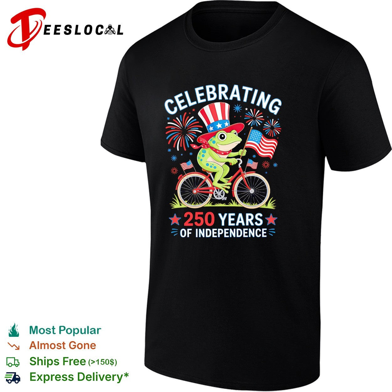 Frog wearing Uncle Sam hat riding bicycle celebrating 250 years of independence shirt