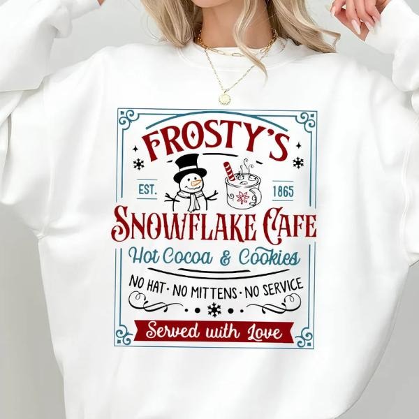 Frosty's Snowflake Café Christmas Vibes Sweatshirt for Women, Cozy Holiday Shirt, Cute Winter Christmas Gift Hoodie