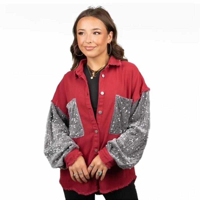 Full Of Spirit Crimson and Gray Sequin Shacket T-Shirts, Hoodie, Sweatshirt | PodTeesHub.com