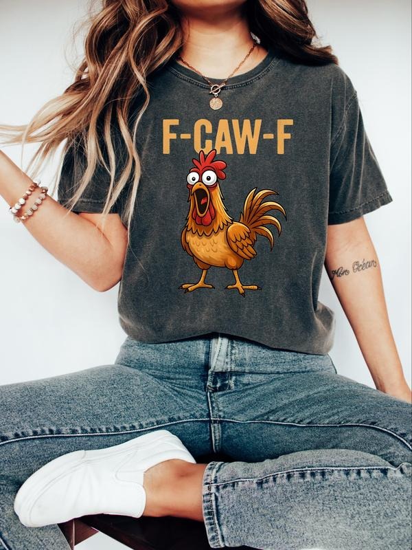 Funny "F-CAW-F" Cartoon Rooster Graphic Tee - Women's Vintage Gray Oversized Casual T-Shirt for Farm & Humor Lovers,Funny...