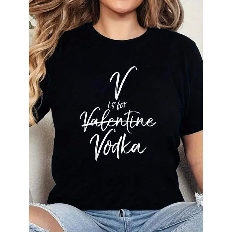 Funny 'V is for Vodka' Graphic Tee - Women's Casual Round Neck Short Sleeve T-Shirt, Black Summer Top with White Cursive...