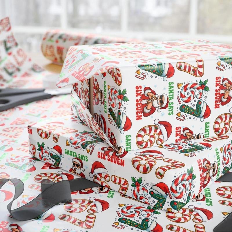 Funny 6 7 Wrapping Paper, Santa Says 6 7 Christmas Wrap Roll, 67 Meme Funny Christmas Gift Wrap for Kids T-Shirts,...