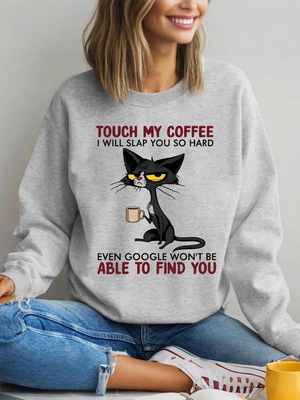 Funny Cat & Coffee Slogan Sweatshirt | Gray Oversized Pullover with Sarcastic Graphic | Trendy Humor Streetwear |...