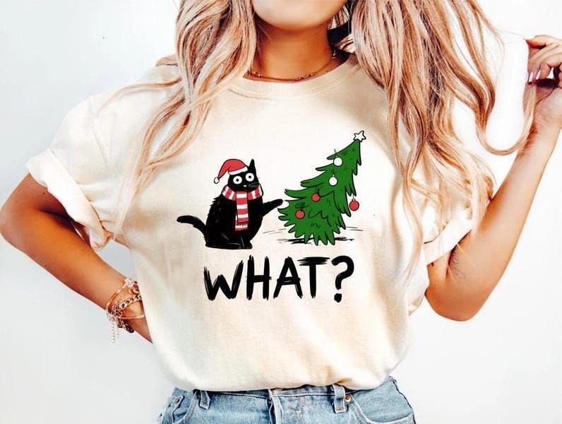 Funny Cat Christmas Shirt What? Christmas Tree Knocked Over Tee Cute Holiday Cat Lover T-Shirt Humorous Xmas Gift for Pet...