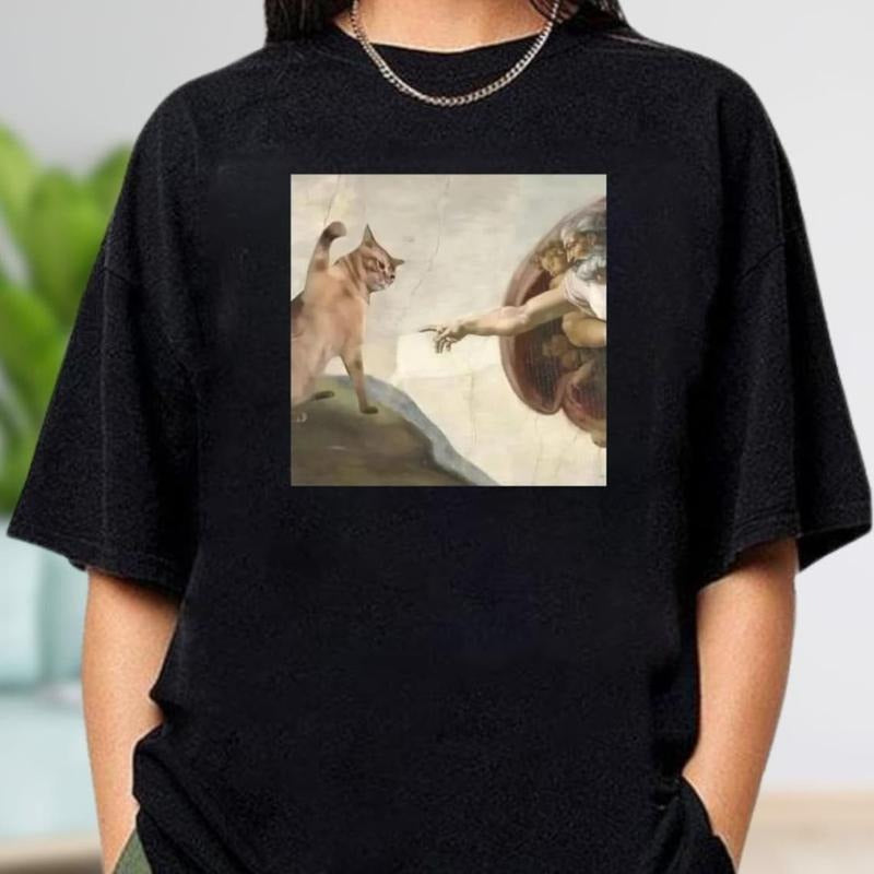 Funny Cat Meme Shirt, Cat God Creation Of Adam Meme Shirt, Michelangelo Art, Cat Lover Shirt, Gen Z Joke Shirt, Stupid...