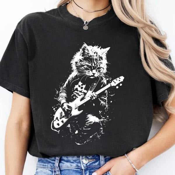 Funny Cat Playing Guitar T-shirt Vintage 90s Y2K Shirt Retro Style Tee Hoodie, Sweatshirt | PodTeesHub.com