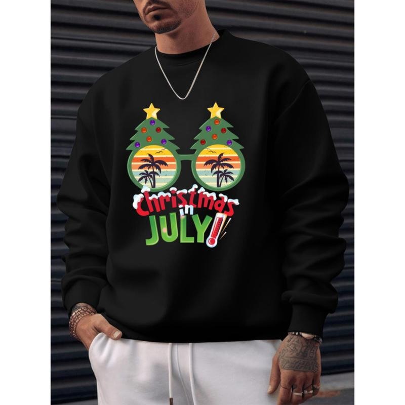 Funny Christmas  Sweatshirt Men's Long Sleeve Crew Neck Graphic Print Summer Xmas Tree with Sunglasses Casual Menswear...