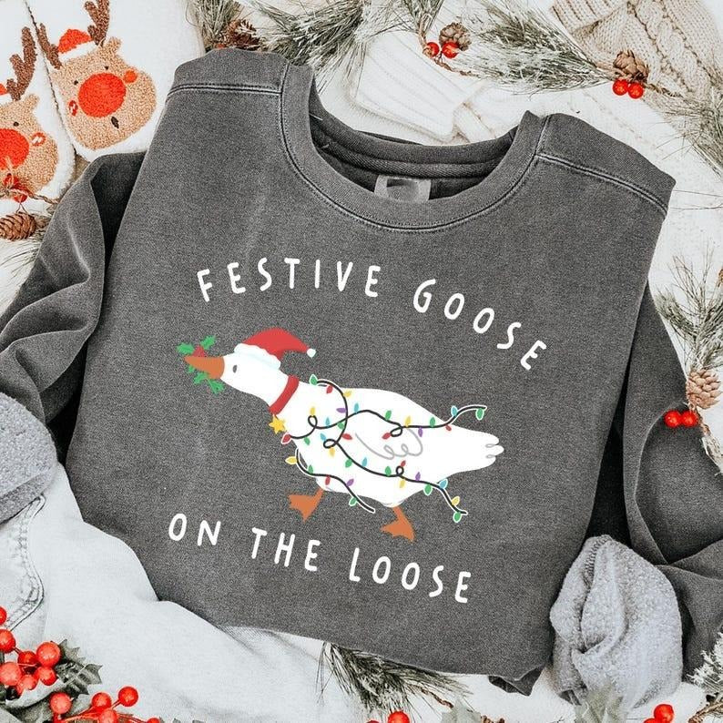 Funny Christmas Goose Sweatshirt, Retro Festive Goose on the Loose Sweater, Merry Christmas Shirts, Trendy Holiday...